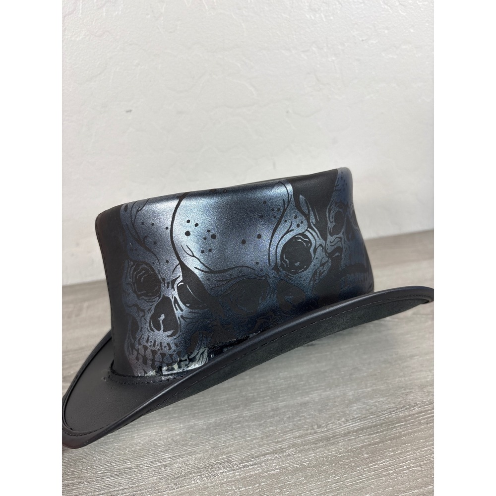 American Hat Makers Silver Skull Leather Top Hat Black Metallic Gothic Steampunk